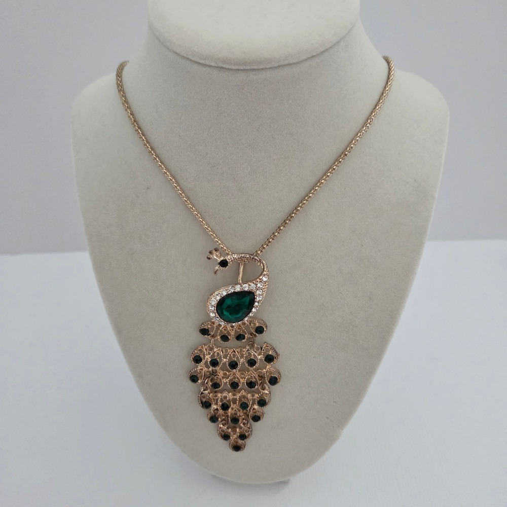 Peacock Pendant Necklace Rose Gold Green Black Crystal Women 30 In